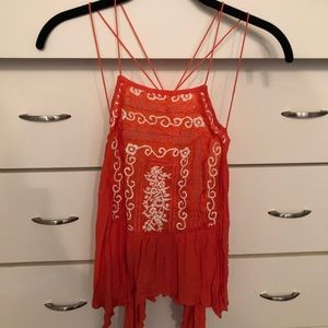 Free People sunset orange embroidered top
